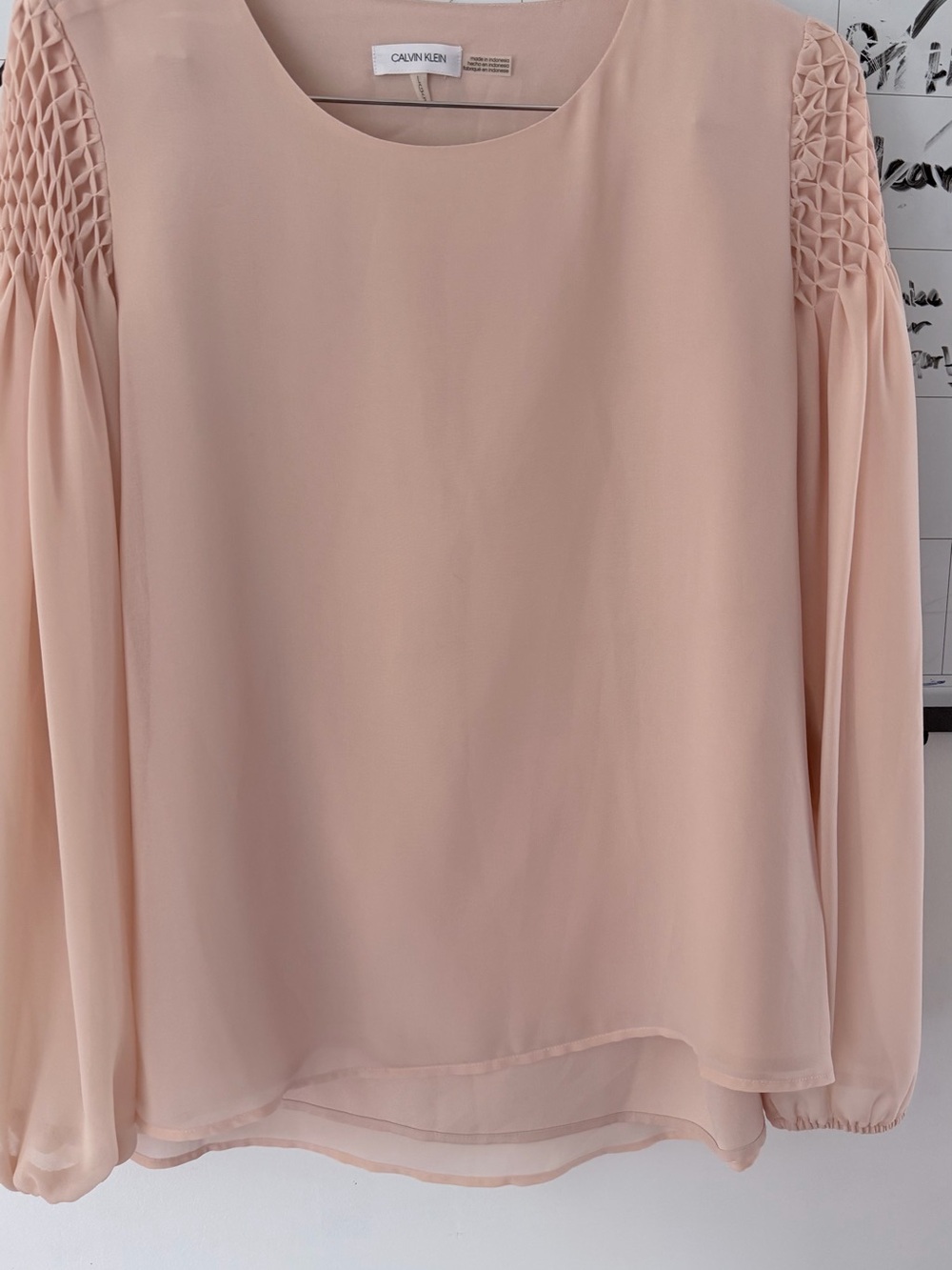 Calvin Klein Soft Blush Pink Long Sleeve Smocked Shoulder Blouse